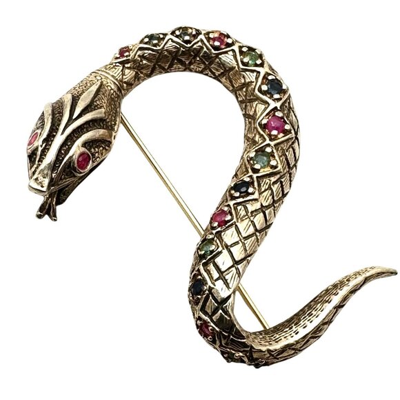 Vintage Ruby Sapphire Emerald Gold Over Sterling Silver Snake Brooch Estate - Picture 1 of 5